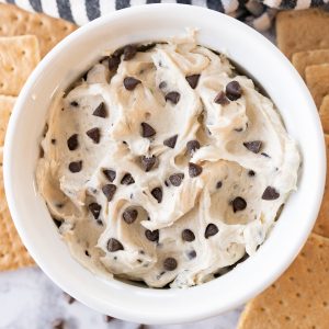 A bowl of edible chocolate chip cookie dough flavored dip.
