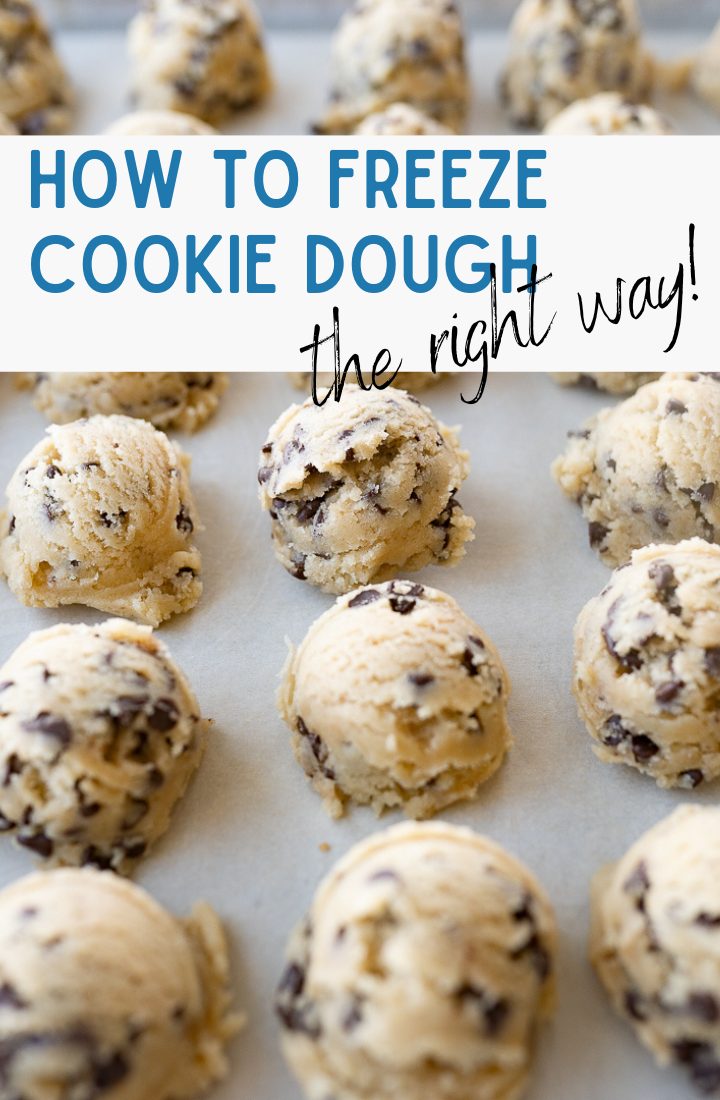 cookie dough on a cookie sheet with text overlay.