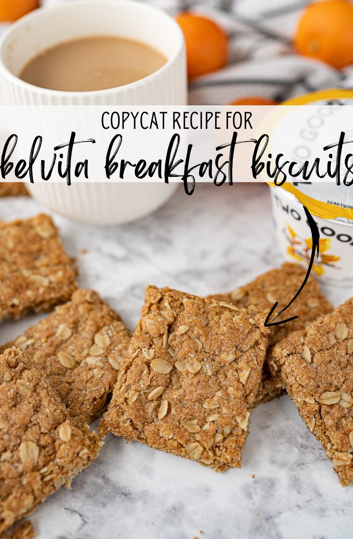 Belvita breakfast biscuits on the counter with text overlay. 
