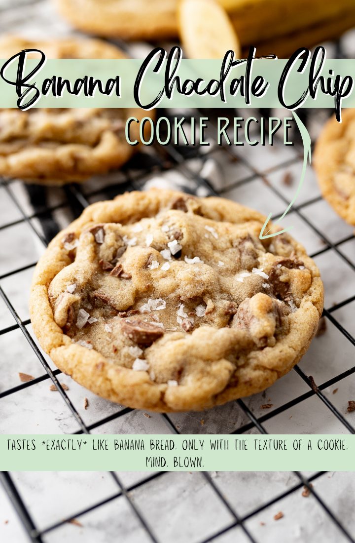 pin image for banana chocolate chip cookies with text overlay.