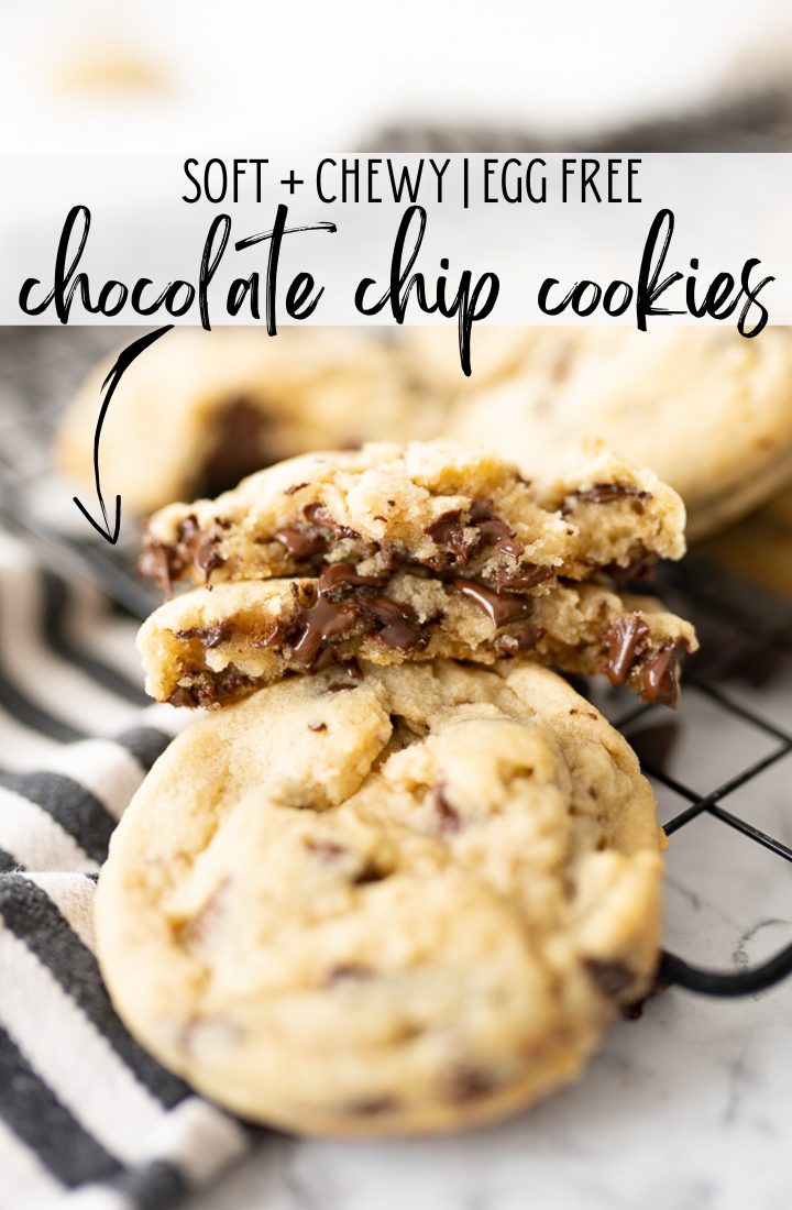Cookies on a cooling rack with text on the photo that reads "Soft + Chewy | Egg Free Chocolate Chip Cookies."