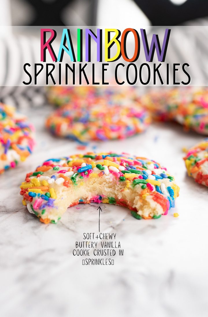 Sugar cookies on the counter covered with sprinkles and text on the photo that reads "Rainbow Sprinkle Cookies."