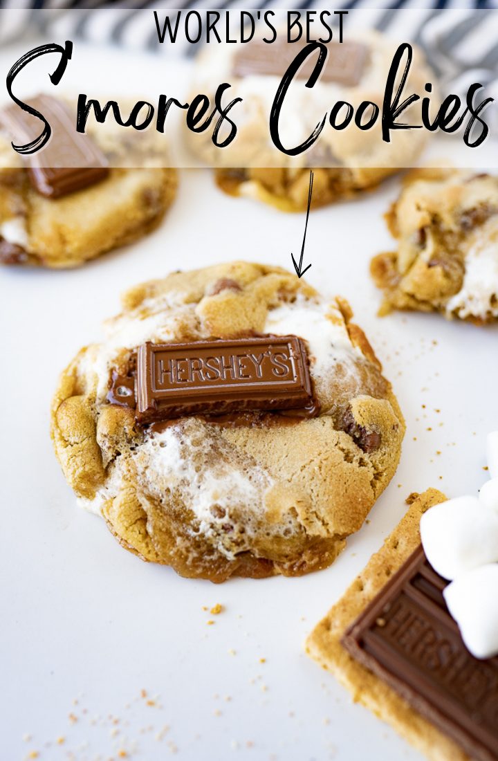S'mores cookies on the counter with text on the photo that reads "world best s'mores cookies."