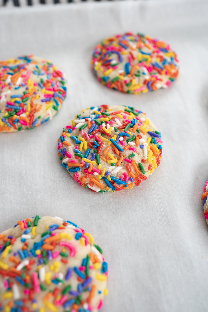 Sprinkle cookies on a cookie sheet after baking.