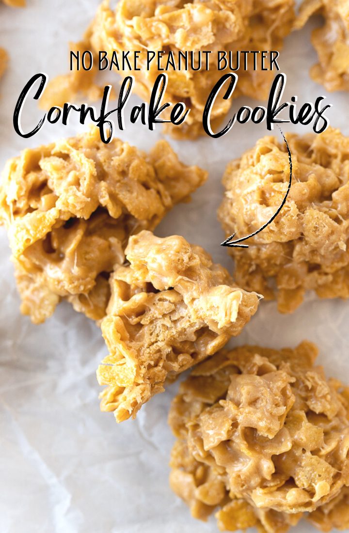 Cornflake Cookies on parchment paper with text on the photo that reads "No bake peanut butter cornflake cookies."