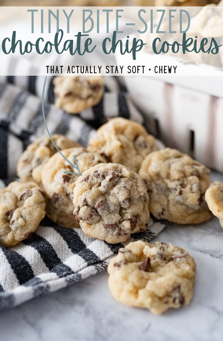 Several mini chocolate chip cookies on the counter with text on the photo that reads " Tiny bite-sized chocolate chip cookies that actually stay soft + chewy."