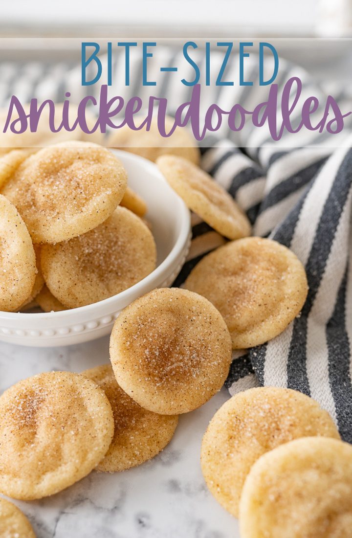 Several mini cookies on the counter with text on the photo that reads "bite-sized snickerdoodles."