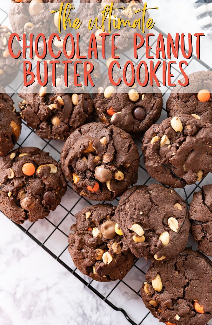 Chocolate cookies on a cooling rack with text on the photo that reads "ultimate chocolate peanut butter cookies."