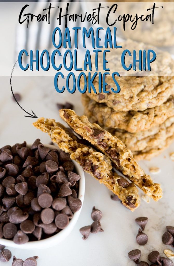 Cookies on the counter with a bowl of chocolate chips and text on the photo that reads "great harvest copycat oatmeal chocolate chip cookies."