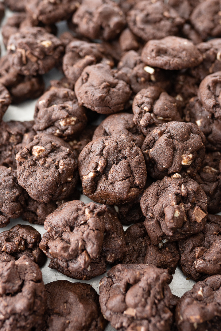 Up close photo of small chocolate cookies with a variety of chocolate chips in them.