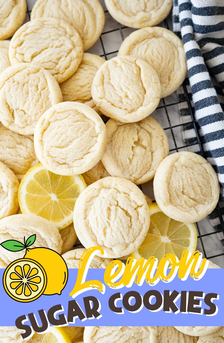 Several sugar cookies and cut lemons on the counter with text on the photo that reads "lemon sugar cookies" and a "like & share" button.