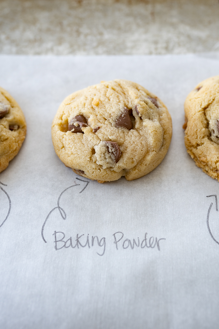 A fluffy cookie sits on parchment paper and is labeled baking powder. 