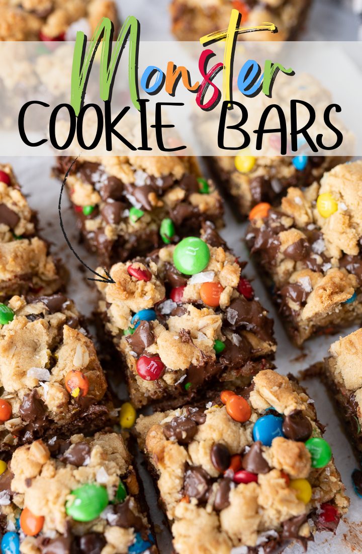 Squares of cookie bars on the counter with text on the photo that reads "Monster Cookie Bars" in rainbow letters.