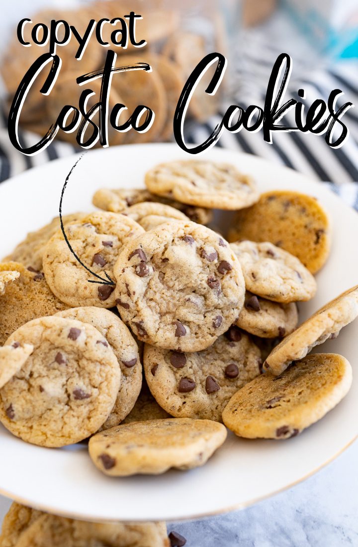 A bowl of mini cookies with text on the photo that reads "copycat costco cookies."