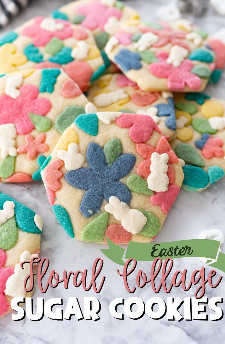 Collage cookies on the counter with text on the photo that reads "Easter floral collage sugar cookies."
