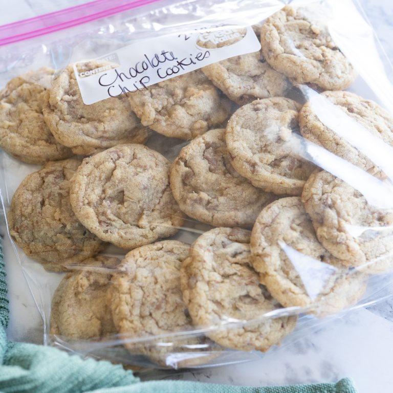 chocolate chip cookies in a freezer bag ready to be frozen.