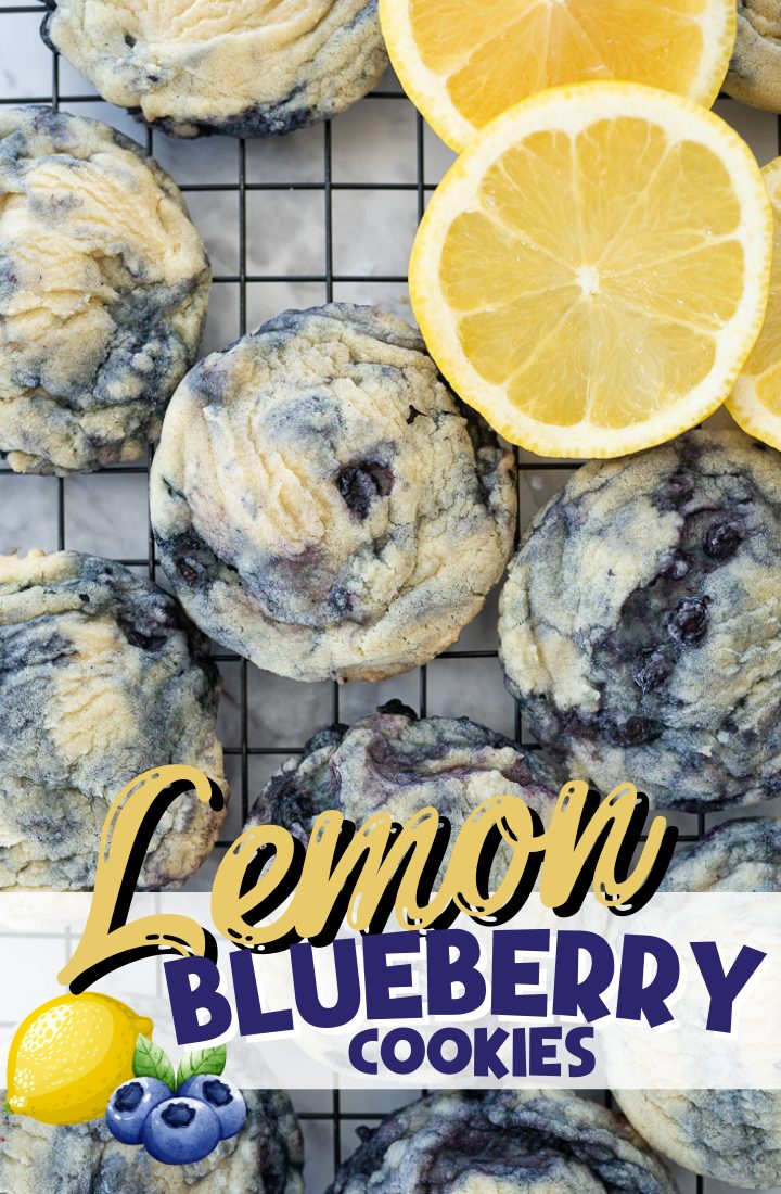 Baked blueberry lemon cookies on a cooling rack with lemon slices in the upper right hand corner. Across the bottom of the picture there is a graphic design labeling "Lemon Blueberry Cookies" 