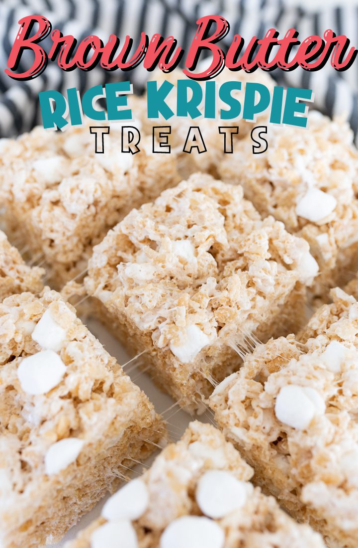 Brown Butter rice krispy treats cut into squares and lined up into a grid. Across the top is written "Brown Butter Rice Krispie Treats" 