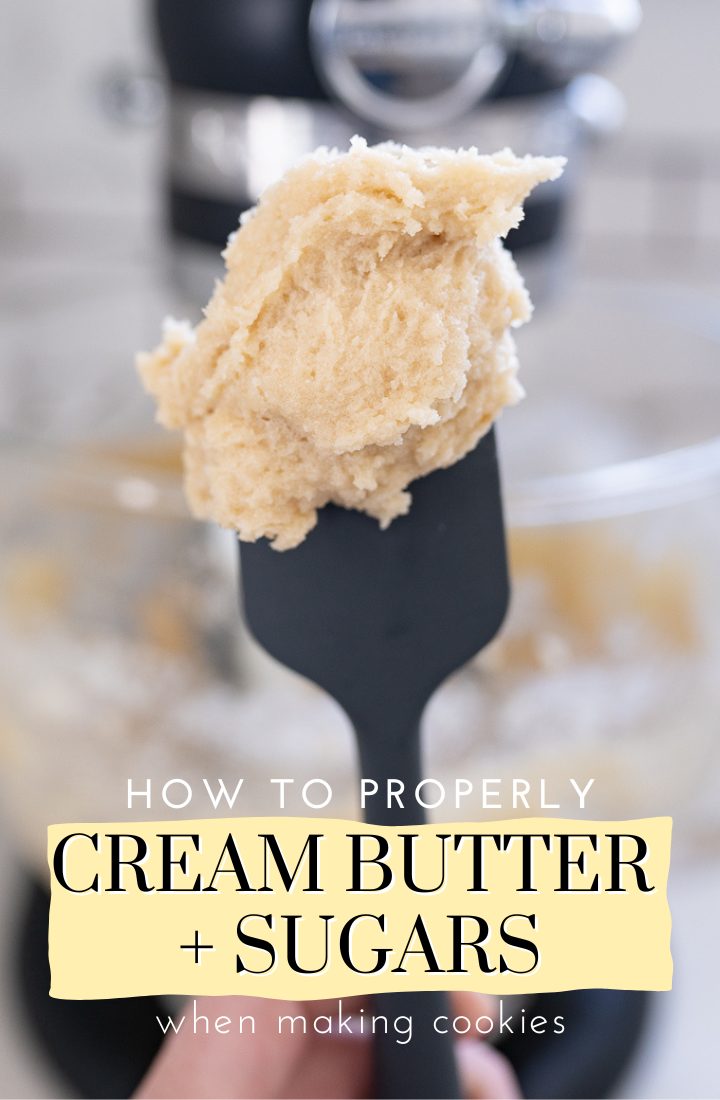 Creamed butter & sugar on a spatula with words "How to Cream butter and sugars" across the bottom. 