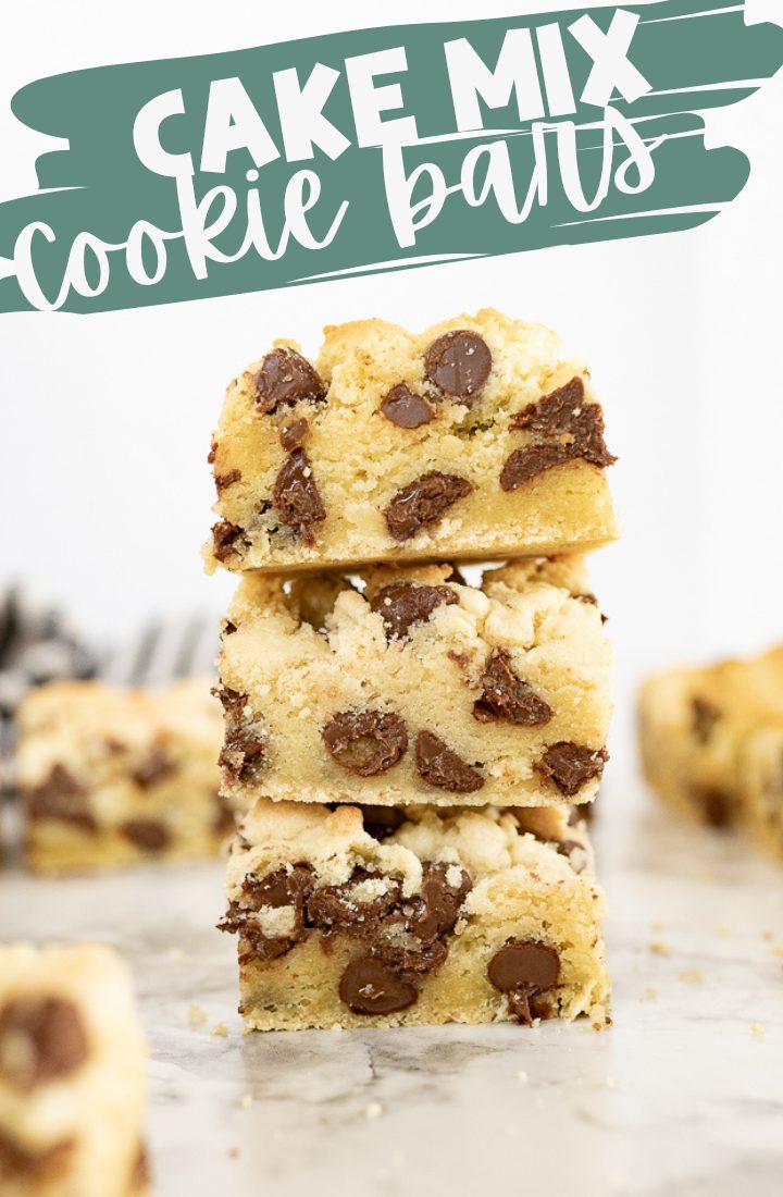 3 chocolate chip cake mix cookie bars are stacked on top of each other. In the background you can see additional bars that are blurred out. Across the top of the image are the words "cake mix cookie bars" in text.