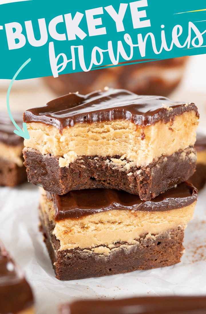A stack of buckeye brownies. Across the top it says "buckeye brownies" in text.