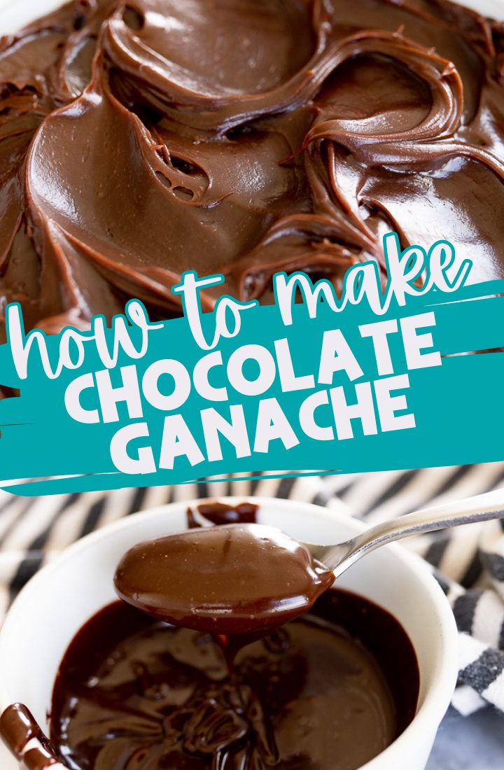 Image is split into two halves. The top half has a close up of chocolate ganache frosting while the bottom half shows the ganache in the bowl as it is being mixed. Between the two images are the words "how to make chocolate ganache"