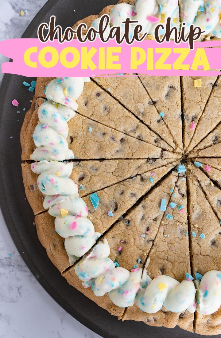 Aerial image of a round cookie pizza, with piped frosting. Across the top it says "cookie pizza"