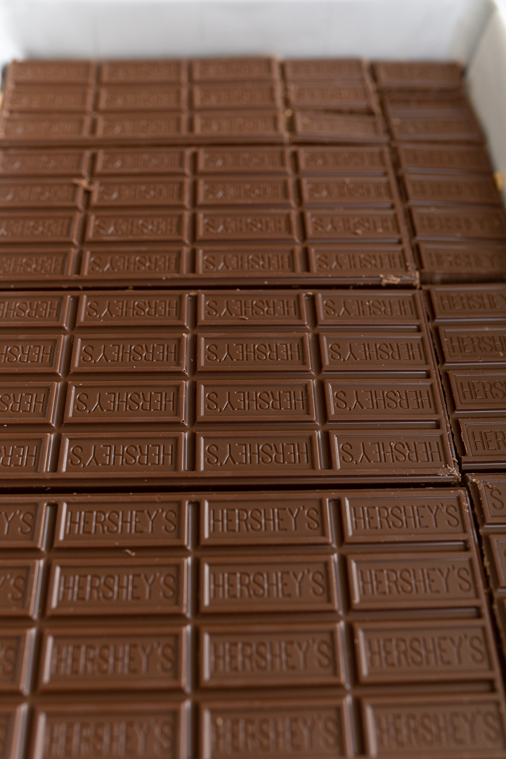 Hershey's bars lined up to make smores bars. 