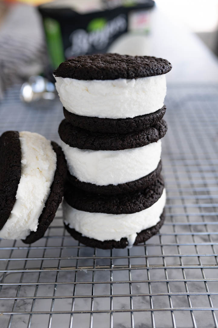 Stack of ice cream cookie sandwiches. 