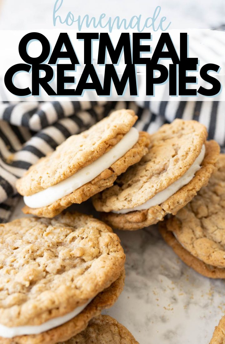 Oatmeal cream pies stacked together on a counter. Across the top it says "Oatmeal cream pies" in text.