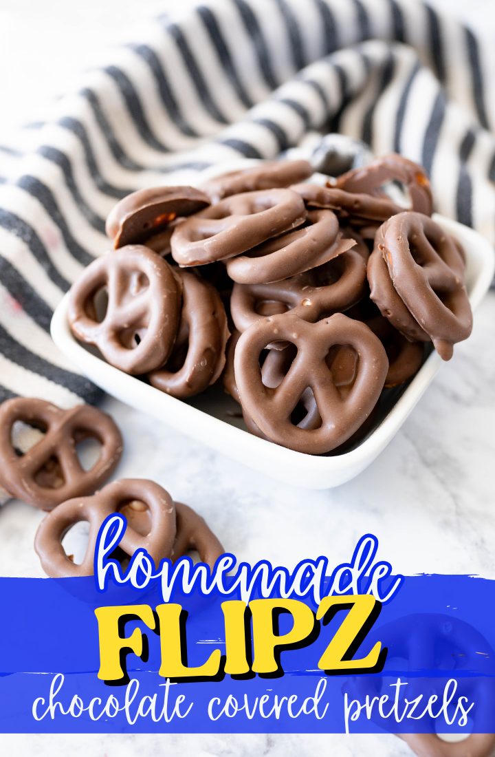A bowl of chocolate covered pretzels. Across the bottom it says "homemade Flipz chocolate covered pretzels" in text.