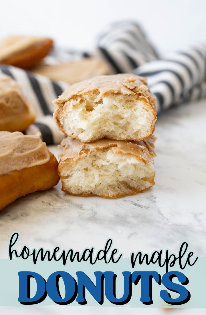 A maple donut cut in half and stacked on top of each other. Across the bottom it says, "homemade maple donuts"