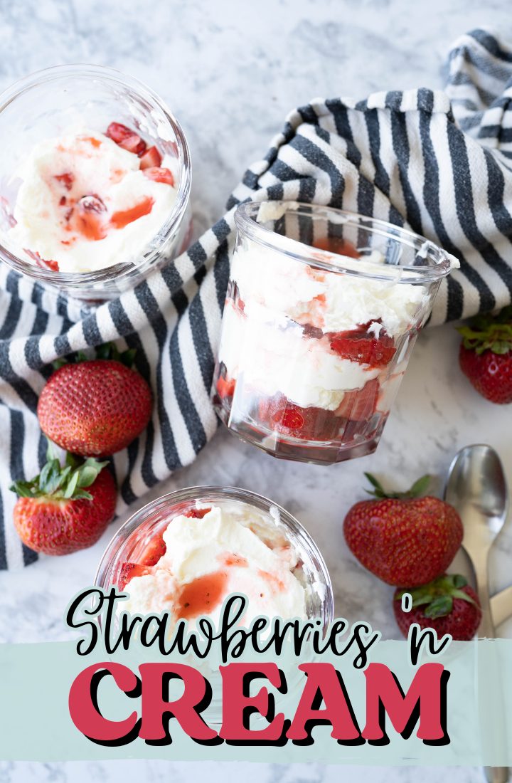 A counter with glasses filled with strawberries and cream scattered on the counter with full strawberries. Across the bottom it says, "strawberries & cream"