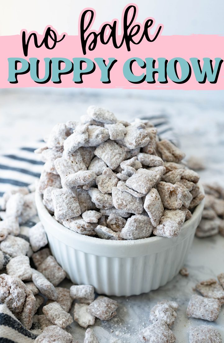 Puppy chow overflowing from a bowl onto the counter.