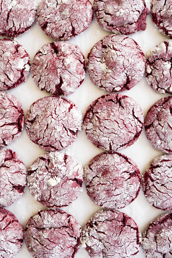 Aerial view of a counter filled with red velvet crinkle cookies lined up in rows. 