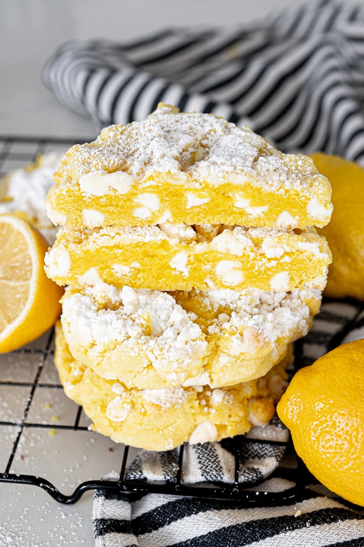 Lemon white chocolate chip cookie dusted with powdered sugar. 
