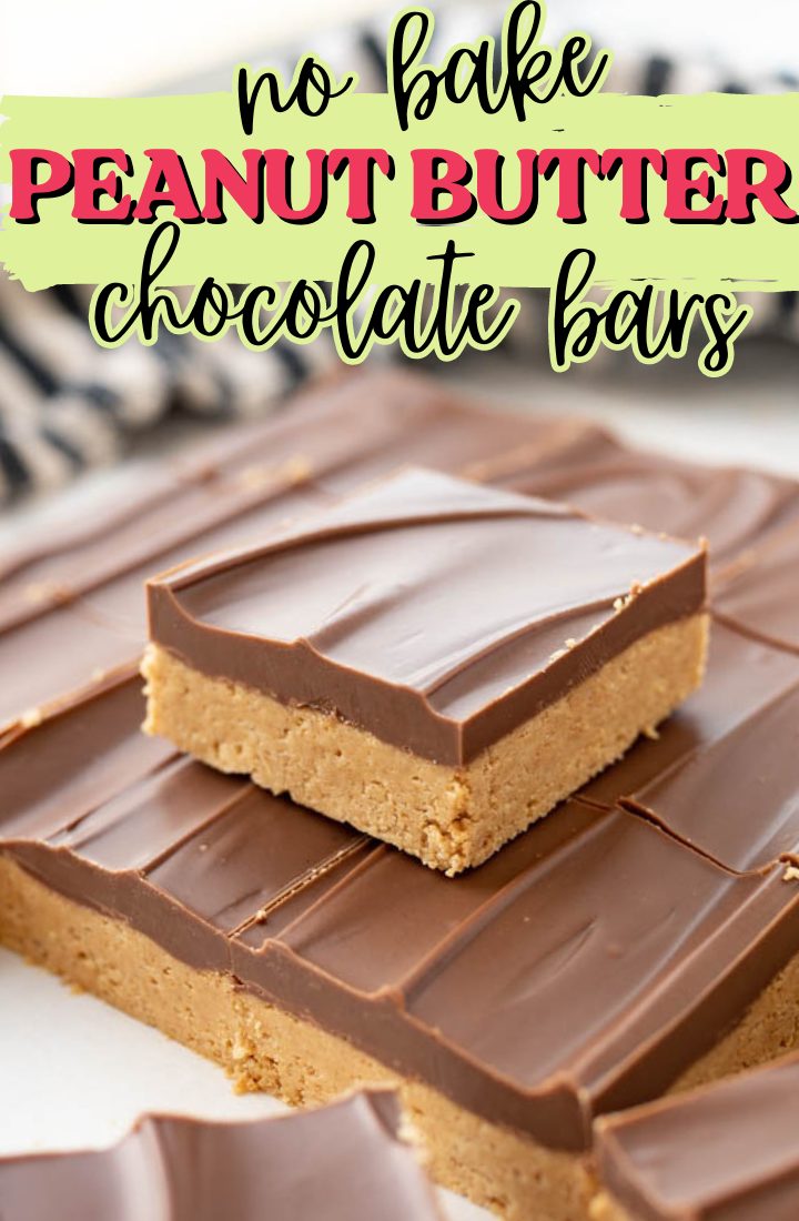 A peanut butter bar square stacked on top of a sheet of peanut butter bars. Across the top it says "no bake peanut butter chocolate bars"