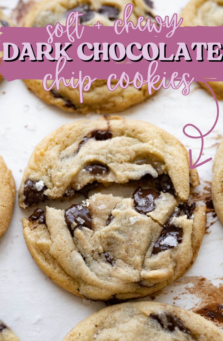 Close up image of a grid of dark chocolate chip cookies topped with flaky salt. Across the top it says "dark chocoalte chip cookies" in text.