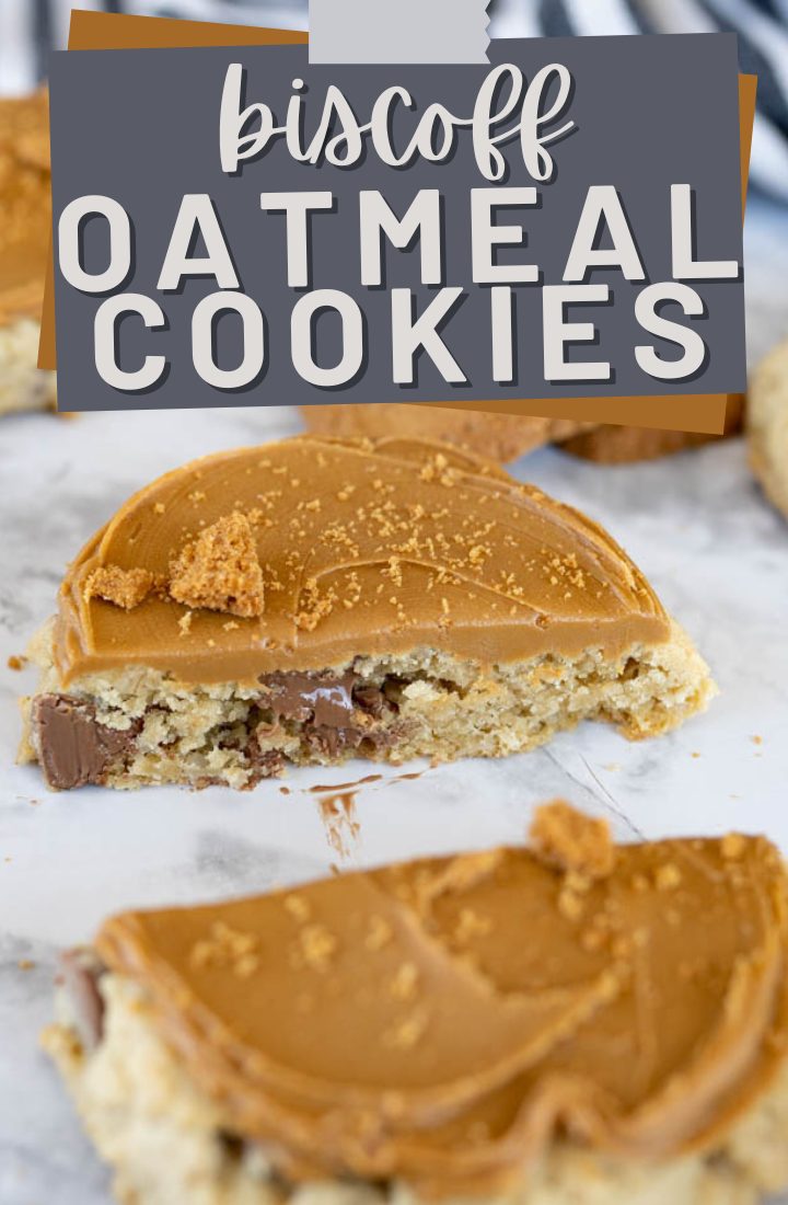pin image for oatmeal biscoff cookies with text overlay. 