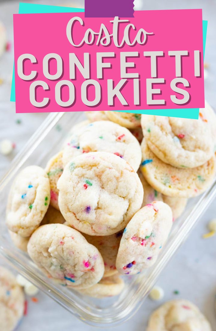 A container of white chocolate chip sprinkle cookies spilling out onto the counter. Across the top it says "costco confetti cookies" 