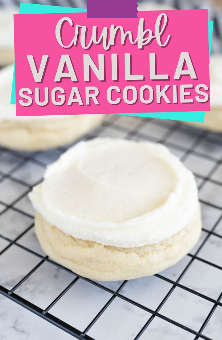 Close up of a crumbl vanilla sugar cookie. Across the top it says "crumbl vanilla sugar cookies" in text.