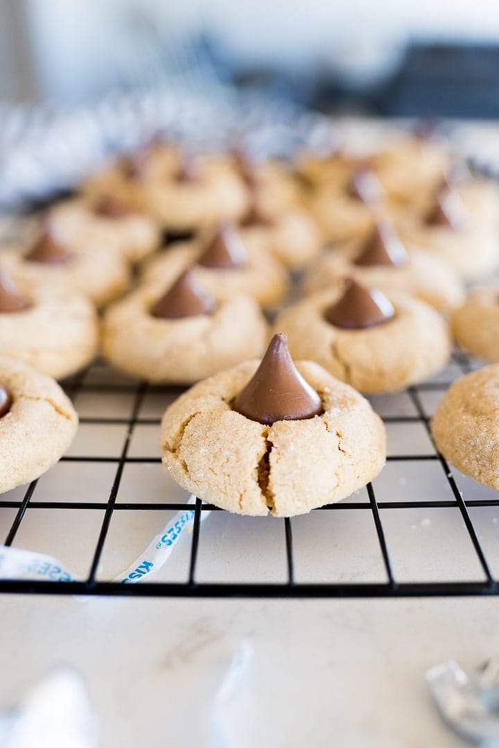 A tray of peanut butter blossom cookies. 