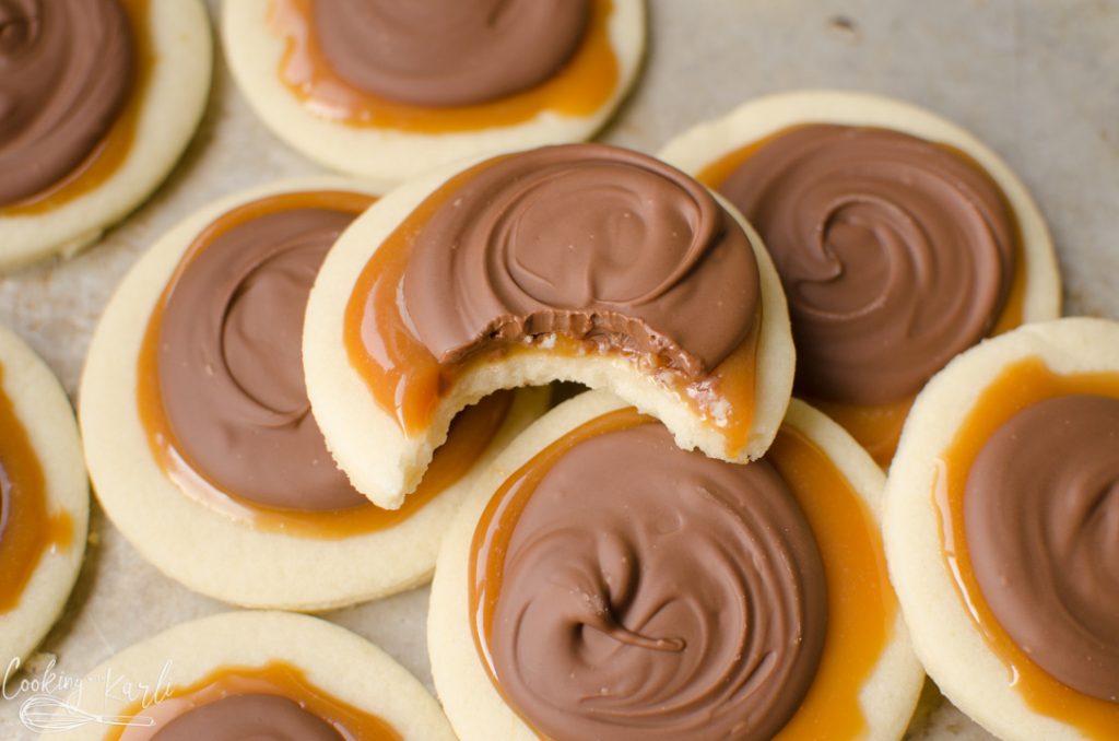 Twix cookies piled on top of each other. 