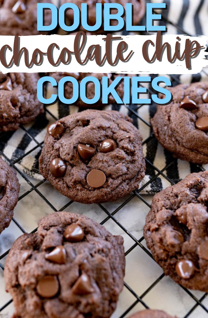 A wire cooling rack of chocolate chocolate chip cookies. Across the top it says "Double chocolate chip cookies" in text.