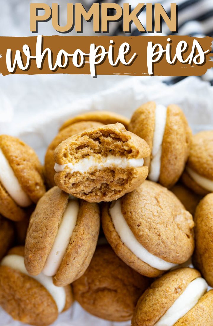 A pile of pumpkin whoopie pies. The one on top has a bite taken out of it. Across the top it says "Pumpkin whoopie pies" in text.