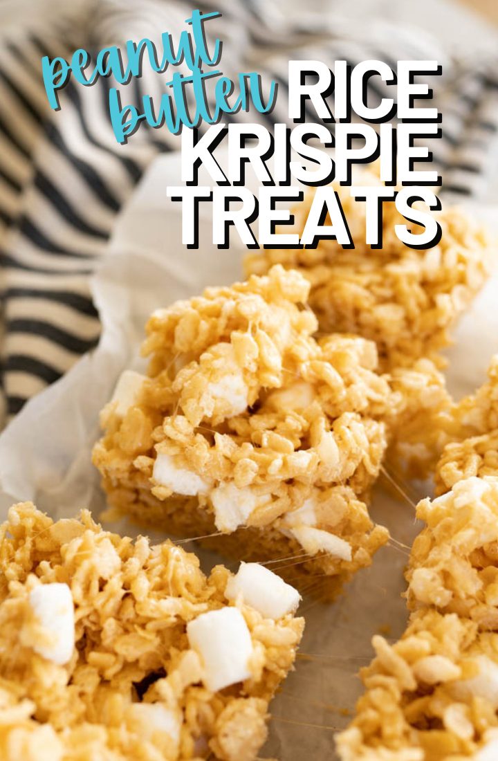 Peanut butter rice krispie treats sitting on parchment paper on top of a striped towel. Across the top it says "peanut butter rice krispie treats" in text.