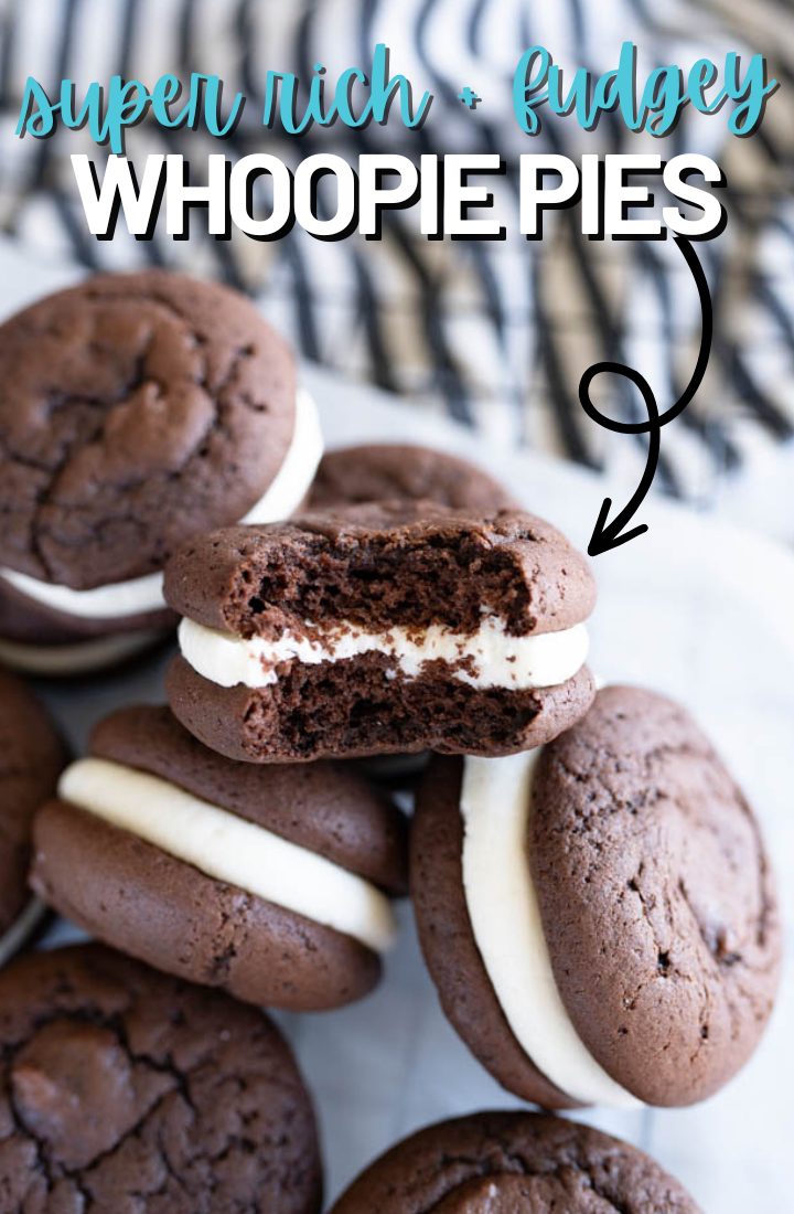 A pile of chocolate whoopie pies. One of the cookies has a bite out of it. Across the top it says "super rich & fudgey whoopie pies"