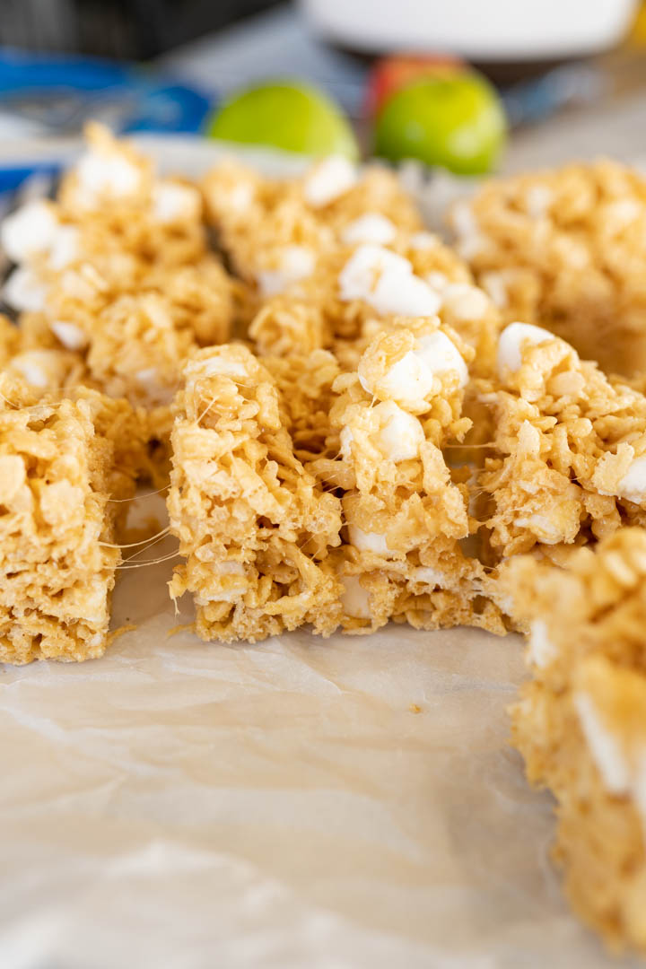 Side view of peanut butter rice krispie treats. 