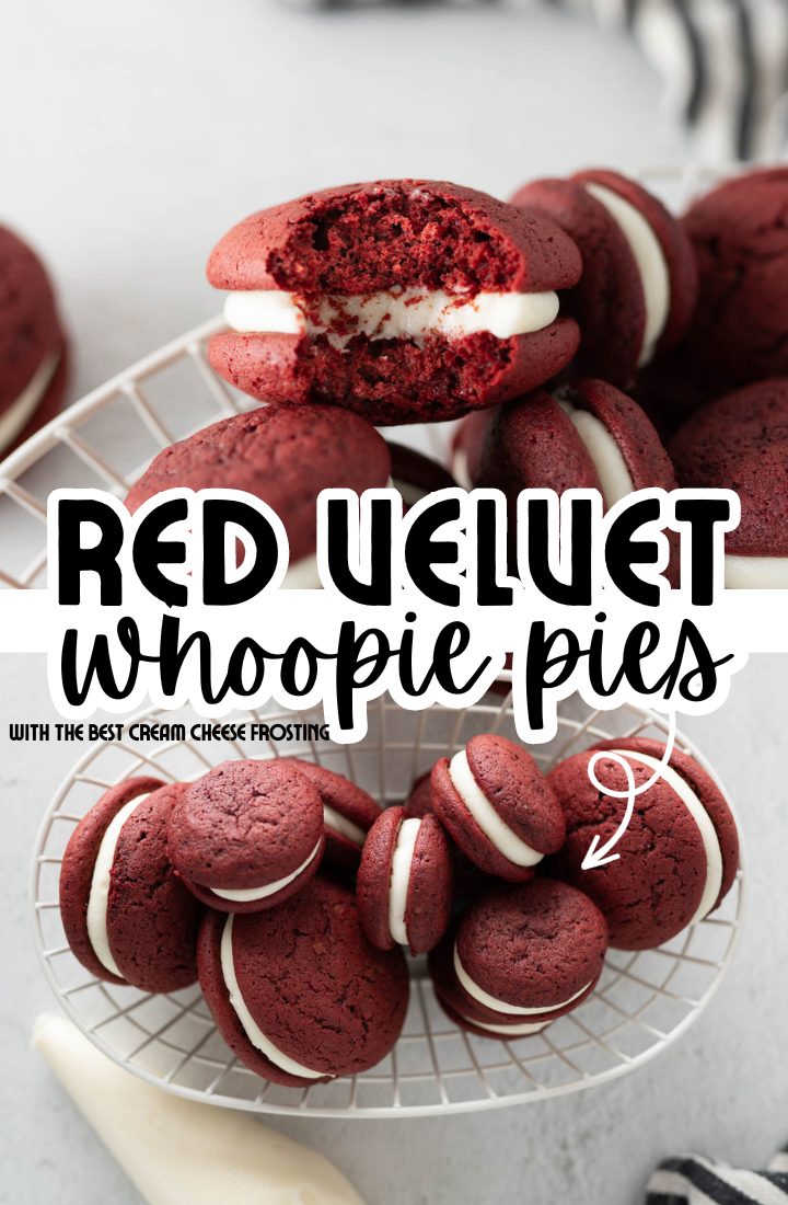 A close up of red velvet whoope pies. Across the middle it says "red velvet whoopie pies" in text.