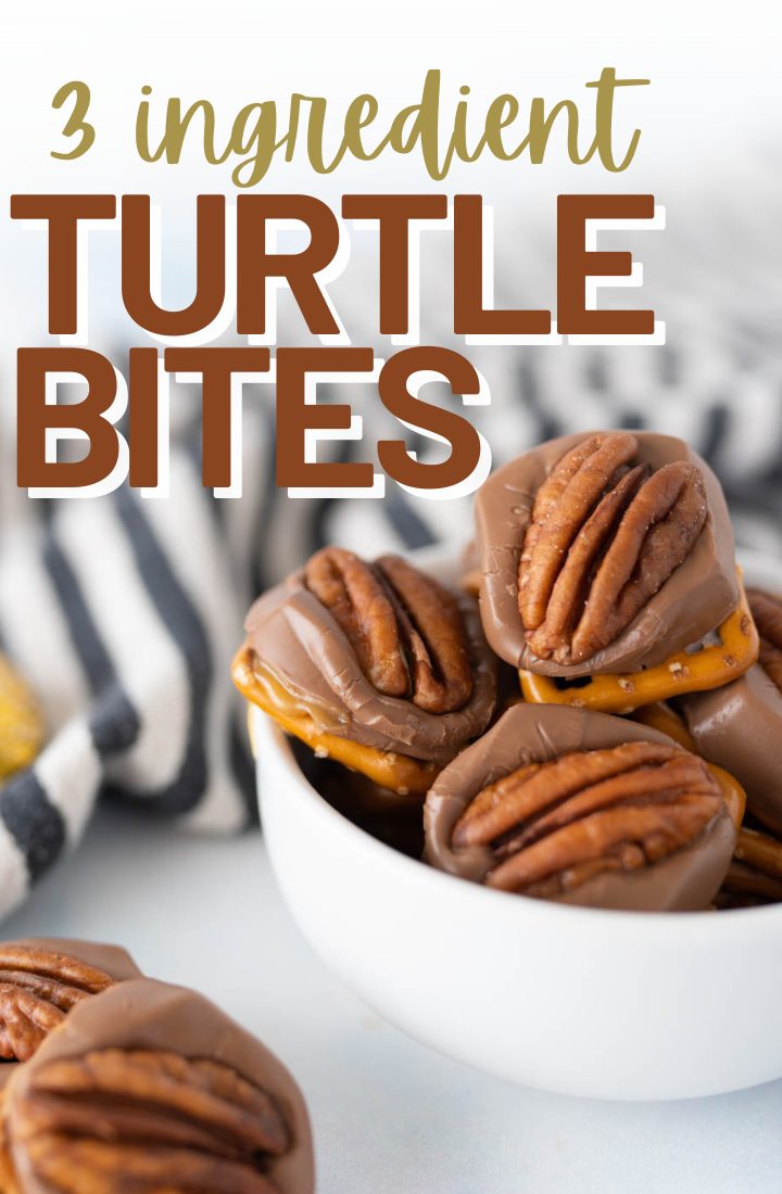 Pretzel turtle bites spilling out of a bowl on the counter. Across the top it says "3 ingredient turtle bites" in text.
